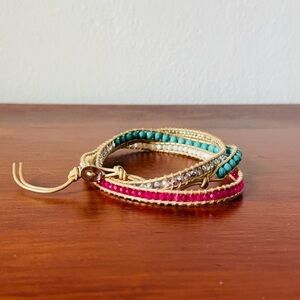 Lizou France semiprecious multi color turquoise and leather Beaded Wrap Bracelet